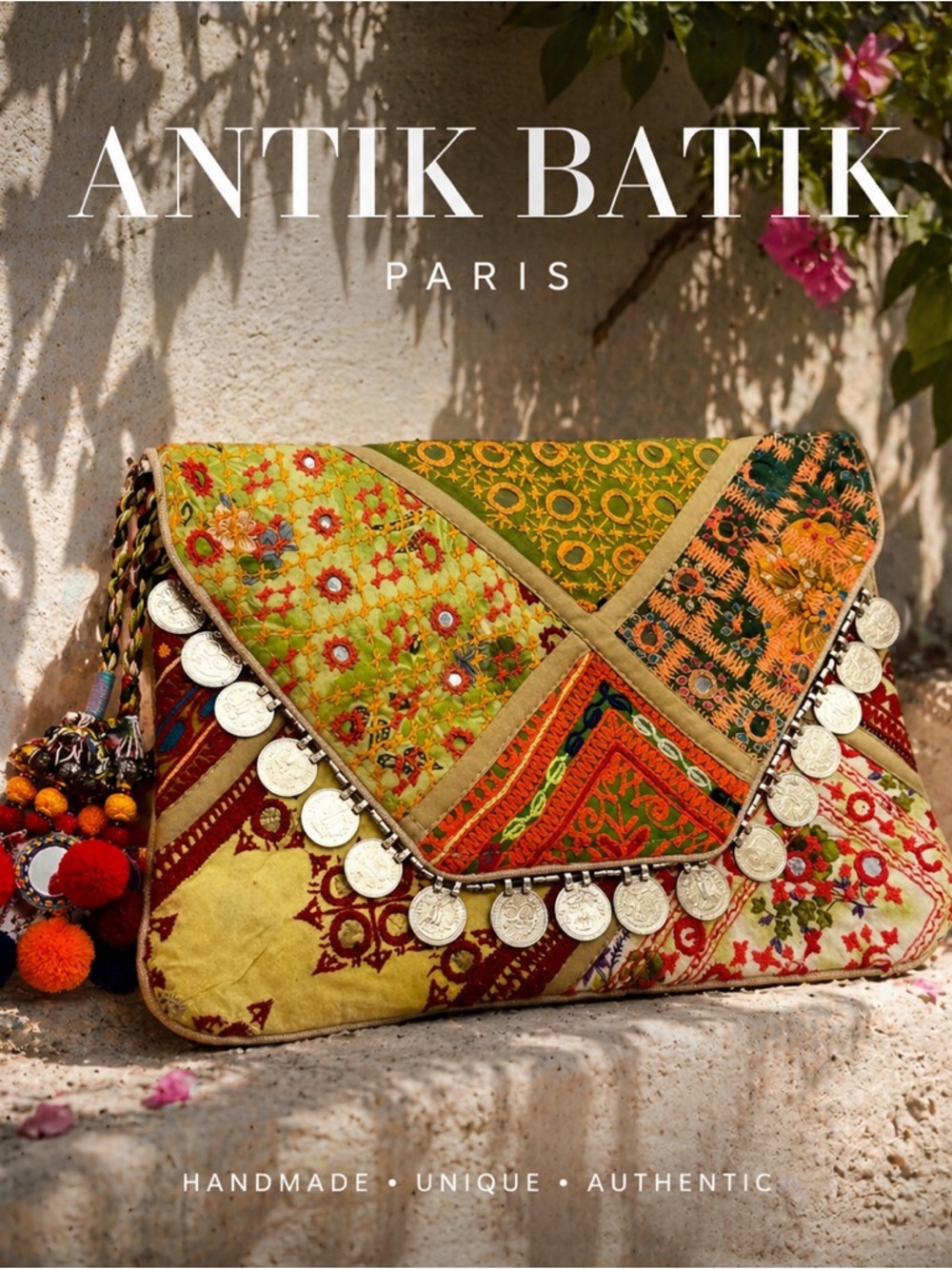 ANTIK BATIK Banjo Embellished Clutch Orange/Green